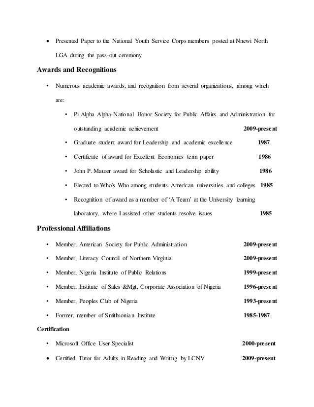 curriculum vitae usa nig