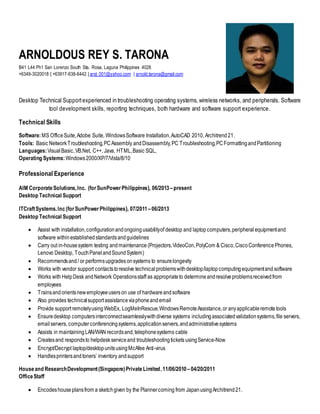 ARNOLDOUS REY S. TARONA
B41 L44 Ph1 San Lorenzo South Sta. Rosa, Laguna Philippines 4026
+6349-3020018 | +63917-638-6442 | arst_001@yahoo.com | arnold.tarona@gmail.com
Desktop Technical Supportexperienced in troubleshooting operating systems, wireless networks, and peripherals. Software
tool development skills, reporting techniques, both hardware and software support experience.
Technical Skills
Software:MS OfficeSuite,Adobe Suite, WindowsSoftware Installation,AutoCAD 2010, Architrend21.
Tools: Basic NetworkTroubleshooting,PCAssembly andDisassembly,PC Troubleshooting,PCFormattingandPartitioning
Languages:VisualBasic,VB.Net, C++, Java, HTML,Basic SQL,
Operating Systems:Windows2000/XP/7/Vista/8/10
Professional Experience
AIM CorporateSolutions,Inc. (for SunPowerPhilippines), 06/2013 –present
Desktop Technical Support
ITCraftSystems.Inc(for SunPowerPhilippines), 07/2011–06/2013
Desktop Technical Support
 Assist with installation,configurationandongoingusabilityof desktop and laptop computers,peripheral equipmentand
software withinestablishedstandardsandguidelines
 Carry out in-housesystem testing andmaintenance (Projectors,VideoCon,PolyCom & Cisco,CiscoConference Phones,
Lenovo Desktop, TouchPanelandSoundSystem)
 Recommendsand/ or performsupgrades onsystems to ensurelongevity
 Works with vendor support contactstoresolve technicalproblemswithdesktop/laptopcomputingequipmentand software
 Works with HelpDesk andNetwork Operationsstaff as appropriateto determineandresolveproblemsreceivedfrom
employees
 Trainsandorientsnewemployeeusers on use of hardwareandsoftware
 Also provides technicalsupportassistanceviaphoneandemail
 Provide support remotelyusingWebEx, LogMeInRescue,WindowsRemoteAssistance,or anyapplicableremotetools
 Ensuredesktop computersinterconnectseamlesslywithdiverse systems includingassociatedvalidationsystems,file servers,
emailservers, computerconferencingsystems,applicationservers,andadministrativesystems
 Assists in maintainingLAN/WAN recordsand,telephonesystems cable
 Createsand respondsto helpdeskserviceand troubleshootingtickets usingService-Now
 Encrypt/Decrypt laptop/desktopunitsusingMcAfee Anti-virus
 Handlesprintersandtoners’ inventory andsupport
Houseand ResearchDevelopment(Singapore)PrivateLimited, 11/06/2010 –04/20/2011
OfficeStaff
 Encodeshouseplansfrom a sketchgiven by the Plannercoming from JapanusingArchitrend21.
 