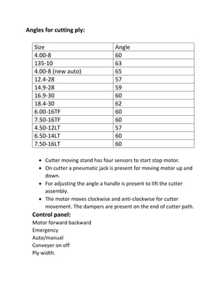 Angles for cutting ply:
Size Angle
4.00-8 60
135-10 63
4.00-8 (new auto) 65
12.4-28 57
14.9-28 59
16.9-30 60
18.4-30 62
6.00-16TF 60
7.50-16TF 60
4.50-12LT 57
6.50-14LT 60
7.50-16LT 60
 Cutter moving stand has four sensors to start stop motor.
 On cutter a pneumatic jack is present for moving motor up and
down.
 For adjusting the angle a handle is present to lift the cutter
assembly.
 The motor moves clockwise and anti-clockwise for cutter
movement. The dampers are present on the end of cutter path.
Control panel:
Motor forward backward
Emergency
Auto/manual
Conveyer on off
Ply width.
 