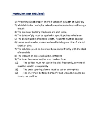 Improvements required:
1) Ply cutting is not proper. There is variation in width of every ply
2) Metal detector on duplex extruder must operate to avoid foreign
metals
3) The drums of building machines are a bit loose.
4) The joints of ply must be applied at specific points to balance
5) The plies must be of specific length. No joints must be applied
6) Lasers must also be present on band building machines for level
check of plies
7) The solutions used on tire must be replaced freshly with the start
of new shift
8) The leakage on presses must be controlled
9) The inner liner must not be stretched on drum
10) The builder must not touch the plies frequently, solvent oil
must be used in less quantity
11) The press opening alarms must be set on every press
12) The liner must be folded properly and should be placed on
stands not on floor
 