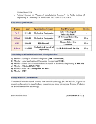2008 to 31-08-2008.
 National Seminar on “Advanced Manufacturing Processes” in Noida Institute of
Engineering & Technology Gr. Noida, from 20-02-2010 to 21-02-2010.
Educational Qualification:
Membership of International Societies and Organizations:
a) Member – Society of Automotive Engineers (SAE International).
b) Member – American Society of Mechanical Engineering (ASME).
c) Member - Centre for Advanced Studies & Research in Automotive Engineering (CASRAE)
d) Member – Mission 10X(WIPRO)
e) Faculty Advisor – SAE collegiate Club NIET.
f) Member – ISFT
Foreign Research Collaboration:
Visited the National Research Institute for Chemical Technology, (NARICT) Zaria, Nigeria for
research collaboration in Algae biodiesel production and attend International Training Workshop
on Biodiesel Production Technology.
Place: Greater Noida (HARVEER SINGH PALI)
Degree Year Specialization/ Subjects Board/University Division
Ph. D 2012-16 Mechanical Engineering
Delhi Technological
University, Delhi
-
M.Tech 2008-10 Mechanical Engineering
UP Technical University,
Lucknow
First
MBA 2006-08 HR (General)
Algappa University,
Tamilnadu
First
B.Tech 1999-2003
Mechanical & Industrial
Engineering
M.J.P. Rohilkhand, Bareilly First
 