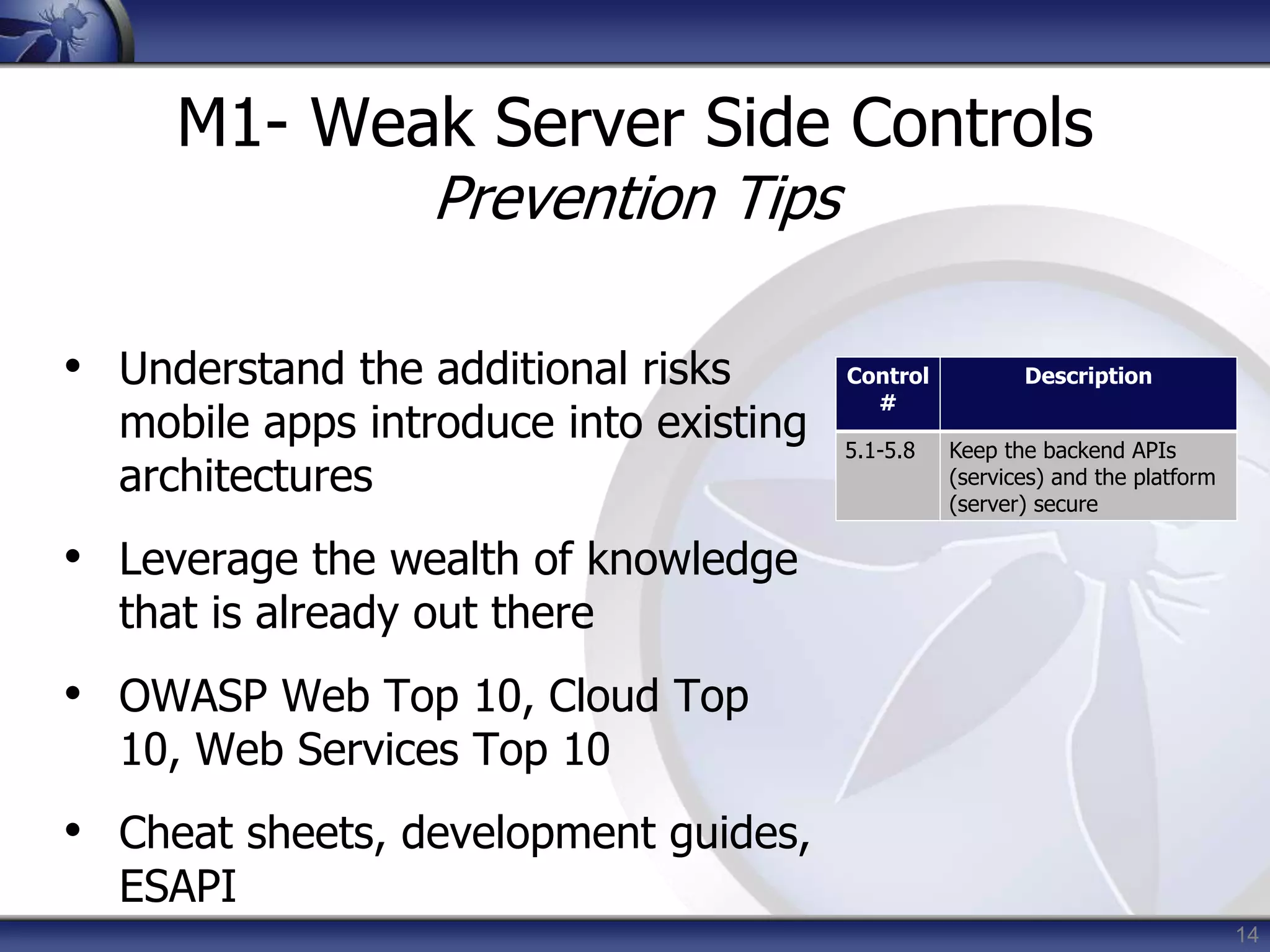 14
M1- Weak Server Side Controls
Prevention Tips
• Understand the additional risks
mobile apps introduce into existing
architectures
• Leverage the wealth of knowledge
that is already out there
• OWASP Web Top 10, Cloud Top
10, Web Services Top 10
• Cheat sheets, development guides,
ESAPI
Control
#
Description
5.1-5.8 Keep the backend APIs
(services) and the platform
(server) secure
 