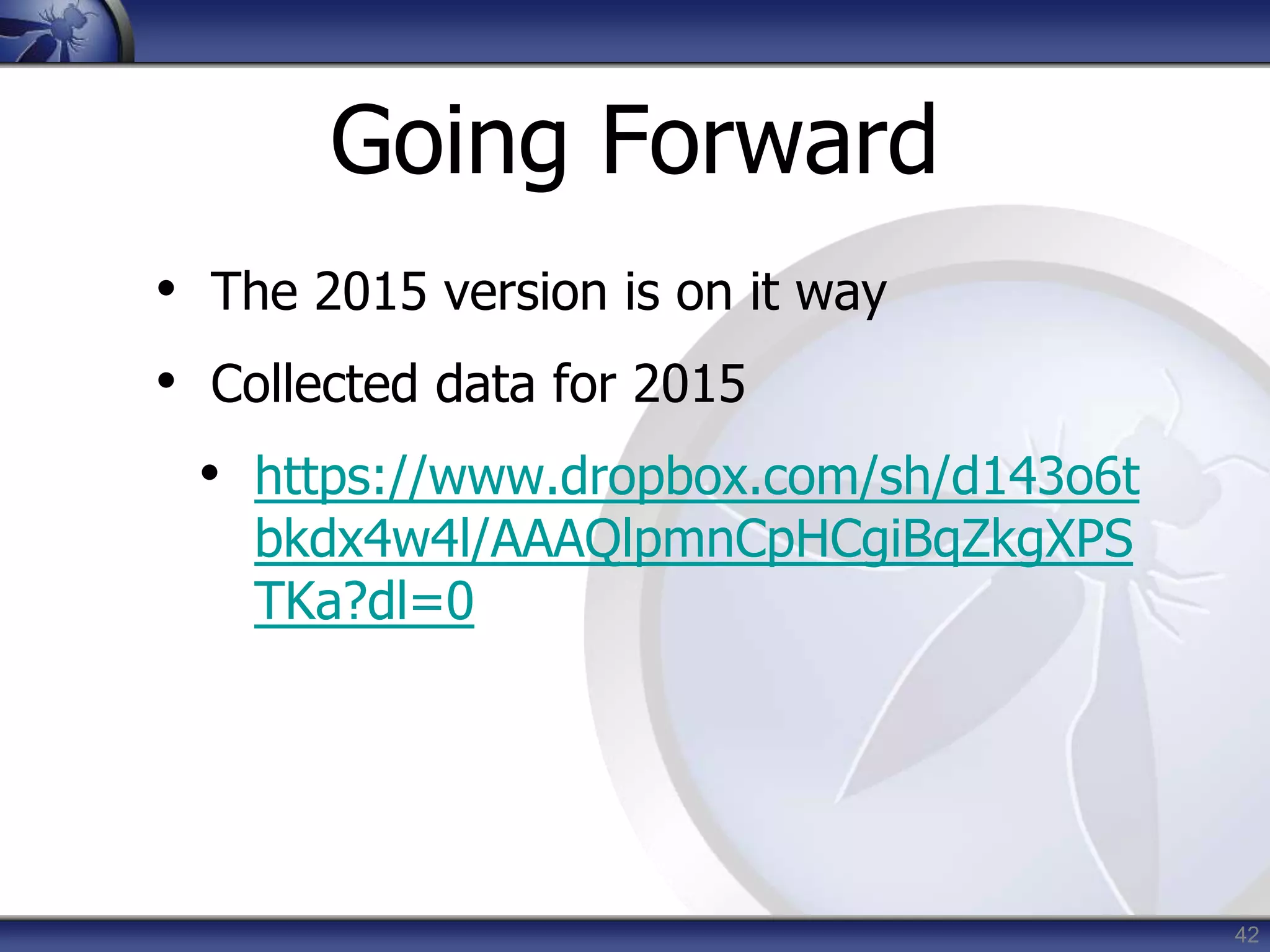 42
Going Forward
• The 2015 version is on it way
• Collected data for 2015
• https://www.dropbox.com/sh/d143o6t
bkdx4w4l/AAAQlpmnCpHCgiBqZkgXPS
TKa?dl=0
 