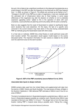 10
2016 Floodplain Management Association National Conference
As such, this is likely to be a significant contributor to the observed inconsistencies as a
small change in the AEP can alter the frequency of any flood with an AEP less frequent
than 1 in 2000, as shown in Figure 8. The effects are summed up by Nathan et al12
;
“Changes in the AEP of the PMP by an order of magnitude or more can markedly alter
the estimated risk of infrastructure failure due to flood loading; in some cases
differences of this magnitude may alter the decision on whether or not to undertake
expensive upgrading works.” added to this is the operation of dams with such
uncertainty. Local authorities are planning community safety with the same uncertainty.
Book six also suggests that the coast of Queensland is subject to significantly longer
storm durations than exist elsewhere. On this basis, the lack of a specific zone
(removed in the current revision) may mean dams in this area having underestimated
PMP as methods group the Queensland coast with other areas.
In a final note on methods, GSDM links critical floods on small catchment areas with
short duration rainfall. This assumption would appear invalid based on the events
discussed earlier. The important information for dam owners is related to the rainfall
over the catchment area not the storm duration.
Figure 8: AEP of the PMP uncertainty (source Nathan13 et al, 2015)
Associated data inputs to design methods
GSDM contains data used from the United States and supplemented with data from
five storms in NSW, Victoria and South Australia. The most severe of these, at Dapto in
the Southern Highlands in 1984 delivered PMP estimates of 460mm over 6 hour for an
area of 500km2
.
The lack of considered storms in Queensland presents a potential issue. 460mm over 6
hours in Queensland appears possible as a weather event. Records show 330mm was
recorded at Clermont over 500km2
in 6 hours13
. The danger here is from the input data
location making PMP in tropical areas being a possible event. Taking this a stage
 