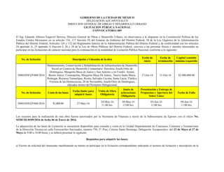 GOBIERNO DE LA CIUDAD DE MEXICO
DELEGACION AZCAPOTZALCO
DIRECCION GENERAL DE OBRAS Y DESARROLLO URBANO
LICITACION PÚBLICA NACIONAL
CONVOCATORIA 005
El Ing. Eduardo Alfonso Esquivel Herrera, Director General de Obras y Desarrollo Urbano, en observancia a lo dispuesto en la Constitución Política de los
Estados Unidos Mexicanos en su artículo 134, 117 fracción IX del Estatuto de Gobierno del Distrito Federal, 38 de la Ley Orgánica de la Administración
Pública del Distrito Federal, Artículos 126 y 132 del Reglamento Interior de la Administración Pública del Distrito Federal y de conformidad con los artículos
24 apartado A, 25 apartado A fracción I, 26 y 28 de la Ley de Obras Públicas del Distrito Federal, convoca a las personas físicas y morales interesadas en
participar en las licitaciones de carácter nacional para la contratación en la modalidad de Licitación Pública Nacional, conforme a lo siguiente:
No. de licitación Descripción y Ubicación de la obra
Fecha de
inicio
Fecha de
terminación
Capital contable
mínimo requerido
30001058/LP/008/2016
Mantenimiento, Conservación y Rehabilitación de Infraestructura de Desarrollo
Social en Centros de Desarrollo Comunitario: Petrolera, Josefa Ortíz de
Domínguez, Margarita Maza de Juárez y San Antonio y en Cendis: Arenal,
Benito Juárez, Cosmopolita, Margarita Maza De Juárez, Nueva Santa María,
Prohogar, Reynosa Tamaulipas, Rosita, Salvador Lecona, Santa Lucía, Tlatilco,
Victoria de las Democracias, 20 de Noviembre, Josefa Ortíz de Domínguez,
ubicados dentro del Perímetro Delegacional
17-Jun-16 31-Oct-16 $3,900,000.00
No. de licitación Costo de las bases
Fecha límite para
adquirir bases
Visita de Obra
Obligatoria
Junta de
aclaraciones
Obligatoria
Presentación y Entrega de
Propuestas y Apertura del
Sobre Único
Fecha de Fallo
30001058/LP/008/2016 $1,000.00 27-May-16
24-May-16
11:00 hrs.
30-May-16
13:00 hrs.
03-Jun-16
11:00 hrs.
09-Jun-16
11:00 hrs.
Los recursos para la realización de esta obra fueron autorizados por la Secretaria de Finanzas a través de la Subsecretaria de Egresos con el oficio No.
SFDF/SE/0109/2016 de fecha 06 de Enero de 2016.
La adquisición de las bases de Licitación se encuentran disponibles para consulta y venta en la Unidad Departamental de Concursos, Contratos y Estimaciones
de la Dirección Técnica en calle Ferrocarriles Nacionales, número 750, 2º. Piso, Colonia Santo Domingo, Delegación Azcapotzalco, del 23 de Mayo al 27 de
Mayo de 9:00 a 14:00 horas y se deberá presentar lo siguiente:
Requisitos para adquirir las bases:
a) Escrito de solicitud del interesado manifestando su interés en participar en la licitación correspondiente indicando el numero de licitación y descripción de la
 