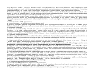 misma,objeto social, nombre o razón social, domicilio completo para recibir notificaciones ubicado dentro del Distrito Federal y teléfono(s) en papel
membretado de la persona o razón social firmado por el representante o apoderado legal, señalando claramente el cargo que ostenta (según Acta Constitutiva o
Poder Notarial), dirigido al Ing. Eduardo Alfonso Esquivel Herrera, Director General de Obras y Desarrollo Urbano de la Delegación Azcapotzalco.
b) Constancia actualizada del Registro de Concursante emitido por la Secretaría de Obras y Servicios del Distrito Federal, de acuerdo a lo indicado en los
artículos 21, 22 y 24 del reglamento de la Ley de Obras Públicas del Distrito Federal, misma que deberá indicar el capital contable requerido para la licitación
correspondiente, así como las especialidades solicitadas, presentando original para su cotejo.
c) Documentos comprobantes para el capital contable mínimo mediante declaración fiscal del ejercicio 2015, donde se compruebe el capital contable mínimo
requerido, declaraciones parciales 2016, balance general y los estados financieros al 31 de Diciembre de 2015, auditados y firmados por Contador Público
Externo a la empresa, autorizado por la Secretaría de Hacienda y Crédito Público anexando copia (legible) del Registro vigente, de la Cédula Profesional del
Contador.
d) Acta de Nacimiento y CURP. (persona física)
e) Escritura Constitutiva y sus modificaciones en su caso. (persona moral)
f) Declaración escrita y bajo protesta de decir verdad de no encontrarse en algunos de los supuestos que establecen los artículos 37 de la Ley de Obras Públicas
del Distrito Federal y 47 de la Ley Federal de Responsabilidades de los Servidores Públicos debiendo transcribir en esta cada uno de sus supuestos establecidos
en ordenamiento de referencia.
g) Escrito en el que manifiestan bajo protesta de decir verdad que ha cumplido en tiempo y forma con las obligaciones fiscales tal como lo establecen los
Artículos 58 y 69 del Código Fiscal del Distrito Federal y Artículo 51 último párrafo de la Ley de Presupuesto y Gasto Eficiente del Distrito Federal. El
concursante que resulte ganador deberá presentar previo a la firma del contrato la constancia de no adeudos de las contribuciones antes señaladas conforme a la
circular de la Secretaria de Finanzas No. SF/CG/141111/2007 publicada en la Gaceta Oficial del Distrito Federal el 6 de Agosto de 2007.
h) Comprobante de domicilio fiscal actual
i) La forma de pago de las bases de concurso se hará en las oficinas de la Dirección Técnica, mediante cheque certificado o de caja, expedido a favor de la
Secretaria de Finanzas del Gobierno del Distrito Federal, con cargo a una institución de crédito autorizada para operar en el Distrito Federal.
1.- A la presentación del pago de las bases de licitación se entregarán las bases de concurso de la Licitación Pública Nacional con sus anexos y Catálogo de
Conceptos, de ésta manera el interesado quedará inscrito y registrado, teniendo derecho a presentar su proposición
El concursante es el único responsable de obtener en tiempo y forma la información documental necesaria para la elaboración y presentación de sus
propuestas, por lo que el incumplimiento de este requisito será motivo para no participar en la licitación correspondiente.
2.- El lugar de reunión para la Visita de Obra será en las oficinas de la Dirección Técnica sita en calle Ferrocarriles Nacionales, número 750, 2º. Piso, Colonia
Santo Domingo, Delegación Azcapotzalco, C.P. 02160, Ciudad de México, la empresa concursante manifestará mediante escrito en papel membretado la
persona que asistirá a la visita de obra, anexando copia y original para su cotejo de la cédula profesional, certificado técnico o carta de pasante de personal
técnico certificado. La asistencia a la visita de obra será obligatoria
3.- El lugar de reunión para la sesión de Junta de Aclaraciones será en las oficinas de la Dirección Técnica sita en calle Ferrocarriles Nacionales, número 750, 2º.
Piso, Colonia Santo Domingo, Delegación Azcapotzalco, C.P. 02160, Ciudad de México, la empresa concursante manifestará mediante escrito en papel
membretado la persona que asistirá a la junta de aclaraciones, anexando copia y original para su cotejo de la cédula profesional, certificado técnico o carta de
pasante de personal técnico certificado. La asistencia a la junta de aclaraciones será obligatoria.
4.- La sesión pública de presentación y apertura del sobre único se llevará a cabo en las oficinas de la Dirección Técnica sita en calle Ferrocarriles Nacionales,
número 750, 2º. Piso, Colonia Santo Domingo, Delegación Azcapotzalco, C.P. 02160, Ciudad de México el día y hora indicado.
5.- Para la ejecución de los Trabajos: La Delegación No se otorgará anticipo.
6.- Las proposiciones deberán presentarse en idioma español.
7.- La moneda en que deberán cotizarse las proposiciones será: peso mexicano.
8.-Ninguna de las partes de los trabajos de ésta licitación podrán ser objeto de asociación o subcontratación, salvo previa autorización de la contratante por
escrito de acuerdo al artículo 47 párrafo quinto de la Ley de Obras Públicas del Distrito Federal.
9.- Ninguna de las condiciones contenidas en las bases de la licitación, así como en las proposiciones presentadas por los licitantes, podrán ser negociadas.
 