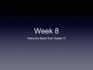 Week 8
Welcome Back from Easter !!!
 