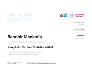 Researcher
Karolinska Institute
Andreas Montelius
Bioinformatician
Karolinska Institute
Peter Lönnerberg
Bioinformatics Scientist
Stockholm University
Mikael Huss
HONOR CODE CERTIFICATE Verify the authenticity of this certificate at
CERTIFICATE
HONOR CODE
Randhir Mankotia
successfully completed and received a passing grade in
KIexploRx: Explore Statistics with R
a course of study offered by KIx, an online learning
initiative of Karolinska Institutet through edX.
Issued July 31, 2015 https://verify.edx.org/cert/d4b30ff5719849b5923a8ec4fb640d0d
 