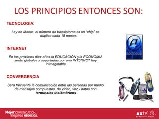 LOS PRINCIPIOS ENTONCES SON:
TECNOLOGIA:

  Ley de Moore: el número de transistores en un “chip” se
                    duplica cada 18 meses.


INTERNET

En los próximos diez años la EDUCACIÓN y la ECONOMIA
   serán globales y soportadas por una INTERNET hoy
                       inimaginable


CONVERGENCIA

Será frecuente la comunicación entre las personas por medio
    de mensajes compuestos de video, voz y datos con
                  terminales inalámbricos
 