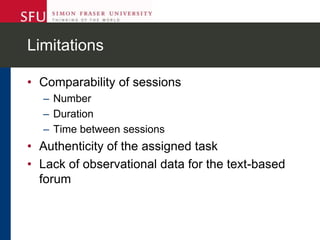 Limitations
• Comparability of sessions
– Number
– Duration
– Time between sessions
• Authenticity of the assigned task
• Lack of observational data for the text-based
forum
 