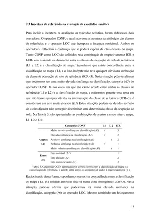 18
2.3 Incerteza da referência na avaliação da exactidão temática
Para incluir a incerteza na avaliação da exactidão temática, foram elaborados dois
operadores. O operador CONF, o qual incorpora a incerteza na atribuição das classes
de referência; e o operador LOC que incorpora a incerteza posicional. Ambos os
operadores, reflectem a confiança que se poderá esperar da classificação do mapa.
Tanto CONF como LOC são definidos pela combinação de respectivamente ICR e
LCR, com o acordo ou desacordo entre as classes de ocupação do solo de referência
(L1 e L2) e a classificação do mapa. Suponha-se que existe concordância entre a
classificação do mapa e L1, e o foto-intérprte não teve qualquer dúvida na atribuição
da classe de ocupação do solo de referência (ICR=3). Nesta situação pode-se afirmar
que poderemos ter uma muito elevada confiança na classificação, categoria (A5) do
operador CONF. Já nos casos em que não existe acordo entre ambas as classes de
referência (L1 e L2) e a classificação do mapa, e estivermos perante uma zona em
que não houve qualquer dúvida na interpretação da classe de referência (ICR=3), é
considerado um erro muito elevado (E3). Estas situações podem ser devidas ao facto
de o classificador não conseguir discriminar uma determinada classe de ocupação do
solo. Na Tabela 3, são apresentadas as combinações de acertos e erros entre o mapa,
L1, L2 e ICR.
Categorias CONF L 1 L 2 ICR
Acertos
(A)
Muito elevada confiança na classificação (A5) √ 3
Elevada confiança na classificação (A4) √ 2
Aceitável confiança na classificação (A3) √ 2
Reduzida confiança na classificação (A2) √ 1
Muito reduzida confiança na classificação (A1) √ 1
Erros
(E)
Erro aceitável (E1) 1
Erro elevado (E2) 2
Erro muito elevado (E3) 3
Tabela 3. Categorias CONF agrupadas por acertos e erros entre a classificação do mapa e a
classificação de referência. O acordo entre ambos os conjuntos de dados é especificado por (√ ).
Raciocinando desta forma, suponhamos que existe concordância entre a classificação
do mapa e L1, e a unidade amostral situa-se numa zona homogénea (LCR=3). Nesta
situação, pode-se afirmar que poderemos ter muito elevada confiança na
classificação, categoria (A6) do operador LOC. Mesmo admitindo um deslocamento
 