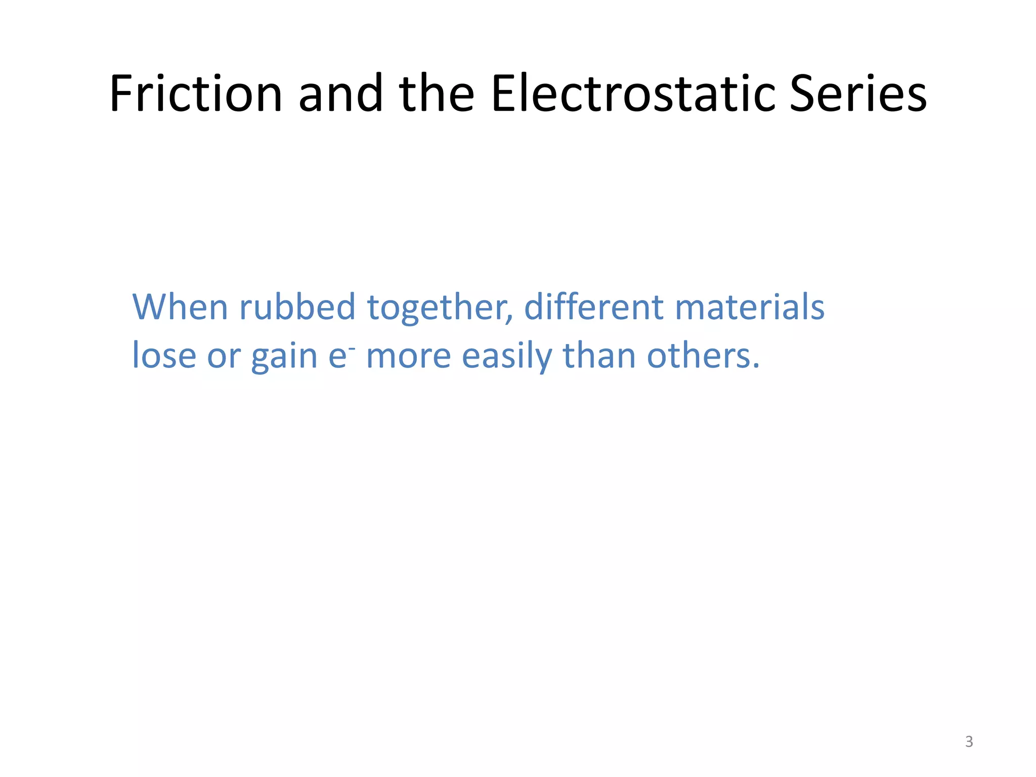 Friction and the Electrostatic Series


 When rubbed together, different materials
 lose or gain e- more easily than others.




                                             3
 