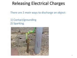Releasing Electrical Charges
There are 2 main ways to discharge an object:

1) Contact/grounding
2) Sparking




                                                4
 