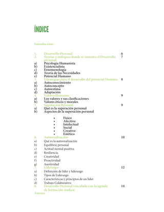 ÍNDICE
Introducción.
1.	Desarrollo Personal						6
2.	 Teorías y enfoques donde se sustenta el Desarrollo	 7
	personal
a)	 Psicología Humanista
b)	Existencialista
c)	Fenomenología
d)	 Teoría de las Necesidades
e)	 Potencial Humano
3.	 Estrategias para el desarrollo del potencial Humano	 8
a)	Autoconocimiento
b)	Autoconcepto
c)	Autoestima
d)	Adaptación
4.	Valores Humanos						9
a)	 Los valores y sus clasificaciones
b)	 Valores éticos y morales
5.	Superación Personal					9
a)	 Qué es la superación personal
b)	 Aspectos de la superación personal
	 	 •	 Físico
	 	 •           Afectivo
	 	 •	 Intelectual
	 	 • 	 Social
	 	 •	 Creativo
	 	 •	 Estético
6.	Autorrealización						10
a)	 Qué es la autorrealización
b)	 Equilibrio personal
c)	 Actitud mental positiva
d)	Resiliencia.
e)	Creatividad
f)	Proactividad
g)	Asertividad
7.	Liderazgo							12
a)	 Definición de líder y liderazgo
b)	 Tipos de Liderazgo
c)	 Características y principios de un líder
d)	 Trabajo Colaborativo
8.	 Desarrollo Personal vinculado con la agenda		 14
	 de formación sindical
Anexos
 