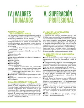 9Desarrollo Personal
A) LOS VALORES Y
SUS CLASIFICACIONES
Los Valores son principios que impulsan y orientan la
actitud y la conducta ética. Un valor es una cualidad que
le concede a la persona su carácter humano.
Los valores se transforman en actitudes y las ac-
titudes en conductas. En sentido socioeducativo: Son
considerados pautas que orientan el comportamiento
humano hacia la transformación social y la realización
de la persona.
Los valores dan sentido y encauzan nuestra vida,
a nivel personal y social.
De acuerdo con sus características los valores se clasi-
fican en:
Valores Universales
Valores Éticos
De acuerdo a su finalidad los valores se clasifican en:
Valores Éticos
Valores Estéticos
Valores Religiosos
Valores Sociales
Valores Intelectuales
En sentido socioeducativo: son considerados
pautas que orientan el comportamiento humano hacia
la transformación social y realización de la persona.
Tabla de valores de Max Scheler (1916). Referen-
tes a la vida, salud, bienestar.
Intelectuales: Valores estéticos, jurídicos y del cono-
cimiento.
Espirituales: Comprenden lo sagrado y lo divino, vir-
tudes teologales.
B) VALORES ÉTICOS Y MORALES
Son principios con respecto a los cuales las personas
sienten un fuerte compromiso de conciencia y los em-
plean para juzgar lo adecuado de las conductas propias
o ajenas. Los principios éticos universales son los que
moralmente deben regir nuestra vida personal, profe-
sional y organizacional si deseamos cumplir verdade-
ramente con nuestra misión. Debemos de cultivar estos
valores para lograr la excelencia. El mundo de los valo-
res éticos o morales es el deber ser.
A) ¿QUÉ ES LA SUPERACIÓN
PROFESIONAL?
La superación es el valor que motiva a la persona a per-
feccionarse a sí misma, en lo humano, espiritual, profe-
sional y económico, venciendo los obstáculos y dificul-
tades que se presenten, desarrollando la capacidad de
hacer mayores esfuerzos para lograr cada objetivo que
se proponga. La superación no llega con el tiempo, el
simple deseo o con la automotivación, requiere acciones
inmediatas, planeación, esfuerzos y trabajo continuo.
Superarse es actuar y satisfacer nuestra misión para lle-
gar a las metas, pensar sólo es un paso previo y hablar es
lo menos indicado, lo único importante es actuar.
B) ASPECTOS DE LA SUPERACIÓN 	
PERSONAL
Físico: tener disciplina y lograr cumplir con un pro-
grama mínimo de ejercicios para mejor la calidad de
vida.
Afectivo: consolidar los lazos familiares para mayor
contención humana Moral ser respetuoso con los demás,
no invadir con nuestras ideas, olvidando que se tiene al
frente otra persona que piensa diferente de nosotros.
Intelectual: constantemente el ser humano debe crecer
intelectualmente para ello debe enriquecerse de múlti-
ples conocimientos, se debe estimular siempre el deseo
de buscar, descubrir y comunicar la verdad mediante
el uso de métodos más penetrantes y esclarecedores de
nuestra realidad.
Social: al ser el ser humano un ente sociable, necesi-
ta convivir en armonía con sus semejantes, asimismo se
debe despertar el deseo de servir a los demás, alentando
el amor por el trabajo, por el progreso social y por el bien
común.
Creativo: Es el área en el que como seres humanos
tenemos la capacidad de echar a volar nuestras ideas,
sueños, pero poniendo los pies sobre la tierra, es incluso
una forma de relajación, de desenvolvimiento y de pro-
yección.
Estético: cuidado del cuerpo (por ejemplo, en lo que
se refiere a la elección de alimento).
VALORES
HUMANOS
SUPERACIÓN
PROFESIONAL
IV. V.
 