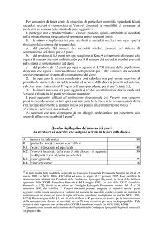 Per consentire di tener conto di situazioni di particolare onerosità riguardanti taluni
sacerdoti secolari è riconosciuta ai Vescovi diocesani la possibilità di assegnare ai
medesimi un numero determinato di punti aggiuntivi.
   Il punteggio non è predeterminato; i Vescovi possono, quindi, attribuirlo ai sacerdoti
nella misura ritenuta necessaria od opportuna entro i seguenti limiti:
   1. la misura complessiva dei punti attribuiti ai sacerdoti secolari non superi quella
risultante dalla somma dei seguenti dati:
   a. del prodotto del numero dei sacerdoti secolari, presenti nel sistema di
sostentamento del clero, per 2,5 punti;
   b. del prodotto di 1,5 punti per ogni scaglione di Kmq 9 del territorio diocesano che
supera il numero ottenuto moltiplicando per 9 il numero dei sacerdoti secolari presenti
nel sistema di sostentamento del clero;
   c. del prodotto di 1,5 punti per ogni scaglione di 1.700 abitanti della popolazione
diocesana che supera il numero ottenuto moltiplicando per 1.700 il numero dei sacerdoti
secolari presenti nel sistema di sostentamento del clero;
   2. in ogni caso la misura complessiva così calcolata non può essere superiore al
prodotto del numero dei sacerdoti secolari al servizio della diocesi presenti nel sistema,
calcolato con riferimento al 31 luglio dell’anno precedente, per il coefficiente 3,5;
   3. la misura massima dei punti aggiuntivi affidati all’attribuzione discrezionale dei
Vescovi è fissata in 25 punti per ciascun sacerdote.
   I punti aggiuntivi affidati all’attribuzione discrezionale dei Vescovi non vengono
presi in considerazione in tutti quei casi nei quali le delibere o le determinazioni della
                                                                                   12
CEI facciano riferimento al numero medio dei punti o alla remunerazione media.
5° criterio – lettera e) dell’articolo 2
   Ai sacerdoti che non dispongono di un alloggio ecclesiastico, per concorrere alle
spese di affitto sono attribuiti 5 punti13.


                      Quadro riepilogativo del numero dei punti
         da attribuire ai sacerdoti che svolgono servizio in favore della diocesi

A.   misura iniziale unica                                                                                    80
B.   particolari oneri connessi con l’ufficio
b.1. Vescovi diocesani ed equiparati                                                                          40
b.2. Vescovi incaricati della cura di più diocesi (in aggiunta                                                30
     ai 40 punti di cui al punto precedente)
b.3. vicari generali                                                                                          25
b.4. vicari episcopali                                                                                        18

12
   Il testo risulta dalle modifiche approvate dal Consiglio Episcopale Permanente tenutosi dal 20 al 22
marzo 2006 (in NCEI 2006, 4/125-126) ed entra in vigore il 1° gennaio 2007. Esso modifica la
determinazione adottata dai Presidenti delle Conferenze Episcopali Regionali, in forza della delibera
approvata dalla XXXII Assemblea Generale (14-18 maggio 1990) [in Atti della XXXII Assemblea
Generale, p. 121], riuniti in occasione del Consiglio Episcopale Permanente tenutosi dal 17 al 20
settembre 1990, che stabiliva: “i Vescovi diocesani possono assegnare ai sacerdoti secolari punti
aggiuntivi nella misura complessiva risultante dal numero dei sacerdoti secolari presenti nel sistema di
sostentamento del clero [nel mese di luglio dell’anno precedente] moltiplicato per due”(in NCEI 1990,
8/224). Il testo originario del § 1, lett. d), della delibera n. 43 prevedeva, tra i criteri per la determinazione
della remunerazione dovuta ai sacerdoti, un coefficiente correttivo per aree socio-geografiche. Tale
criterio è stato soppresso con delibera della XXXII Assemblea Generale (in NCEI 1990, 8/208).
13
   Determinazione assunta nella riunione dei Presidenti delle Conferenze Episcopali Regionali tenutasi il
10 giugno 1986.
 