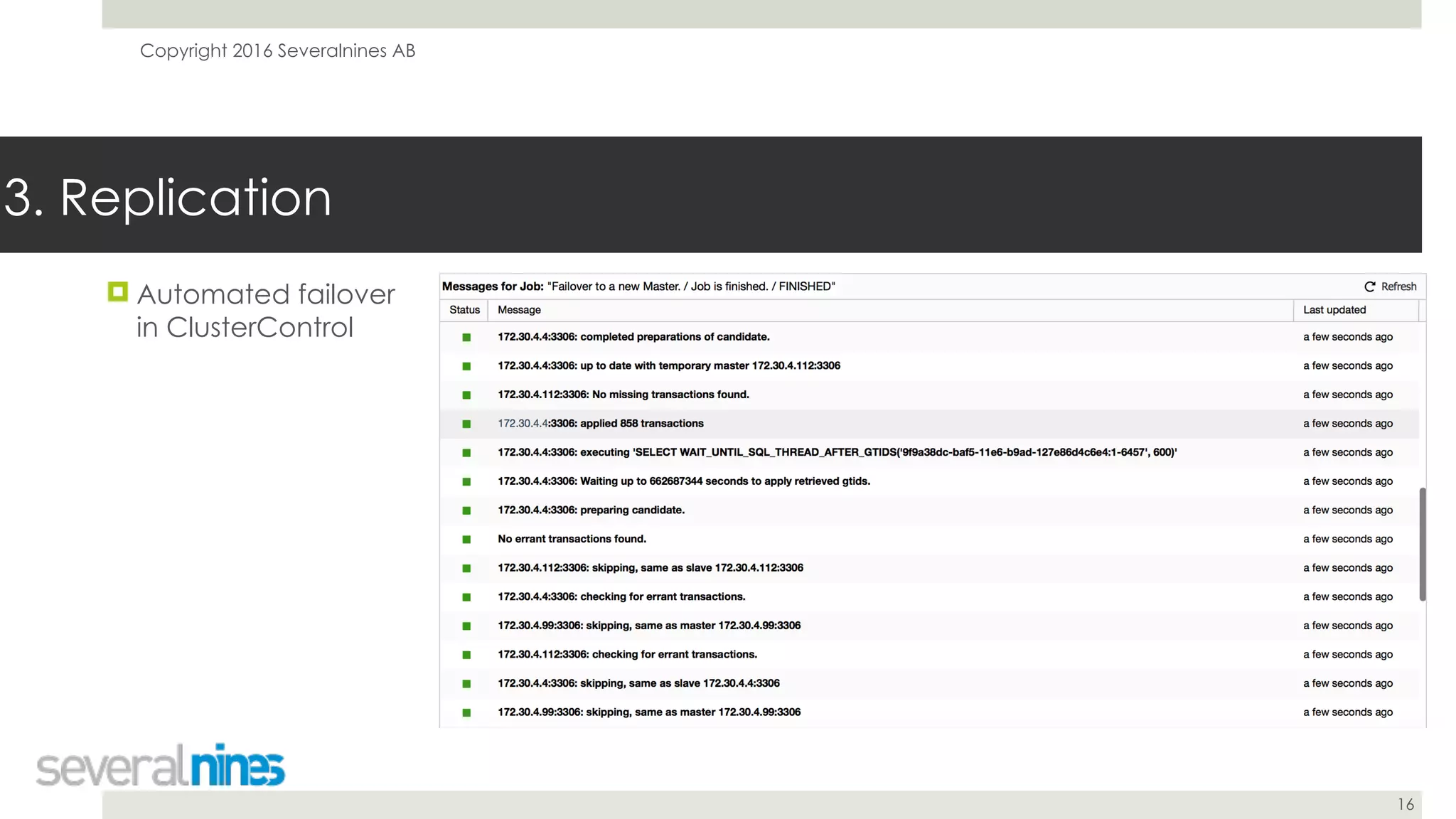 Copyright 2016 Severalnines AB
16
! Automated failover
in ClusterControl
3. Replication
 