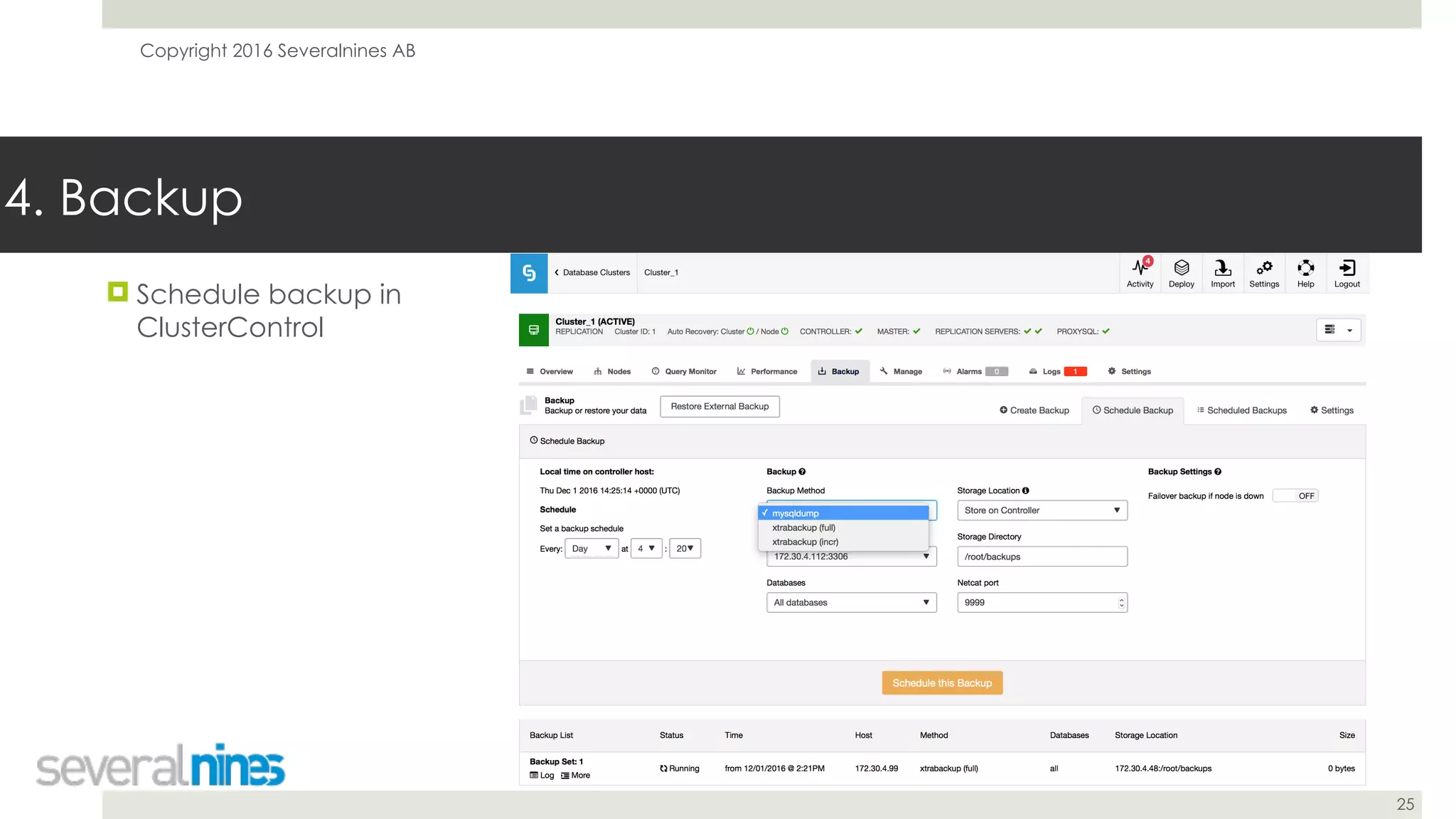 Copyright 2016 Severalnines AB
25
! Schedule backup in
ClusterControl
4. Backup
 