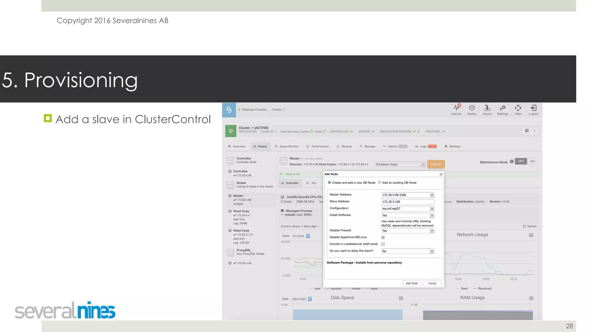 Copyright 2016 Severalnines AB
28
! Add a slave in ClusterControl
5. Provisioning
 