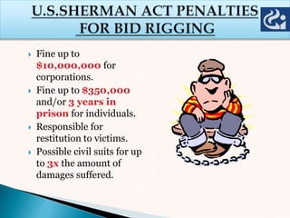  Fine up to
$10,000,000 for
corporations.
 Fine up to $350,000
and/or 3 years in
prison for individuals.
 Responsible for
restitution to victims.
 Possible civil suits for up
to 3x the amount of
damages suffered.
 