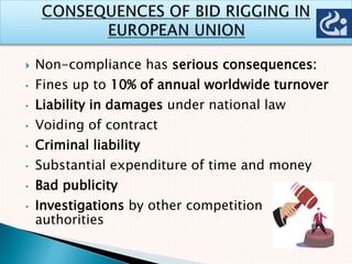  Non-compliance has serious consequences:
• Fines up to 10% of annual worldwide turnover
• Liability in damages under national law
• Voiding of contract
• Criminal liability
• Substantial expenditure of time and money
• Bad publicity
• Investigations by other competition
authorities
 