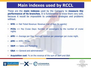 Main indexes used by RCCL
These are the main indexes used by the Company to measure the
performance of its branches. It is fundamental to know them very well,
because it would be impossibile to understand strategies and problems
without.
• NTR => Net Ticket Revenue: Revenue (net of fees (to agents)
• PCDs => Pax Cruise Days: Number of passengers by the number of cruise
nights
• APD => Average per Day: Average revenue per passenger per cruise night.
• APD => NTR / PCDs
• S&M => Sales and Marketing
• G&A => General and administration
• Acquisition cost: % on the revenue of the sum of S&M and G&A
 