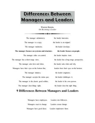 Warren Bennis,
On Becoming a Leader
The manager administers; the leader innovates.
The manager is a copy; the leader is an original.
The manager maintains; the leader develops.
The manager focuses on systems and structure; the leader focuses on people.
The manager relies on control; the leader inspires trust.
The manager has a short-range view; the leader has a long-range perspective.
The manager asks how and when; the leader asks what and why.
Managers have their eyes on the bottom line; leaders have their eyes on the horizon.
The manager imitates; the leader originates.
The manager accepts the status quo; the leader challenges it.
The manager is the classic good soldier; the leader is his own person.
The manager does things right; the leader does the right thing.
9 Differences Between Managers and Leaders
Managers have employees. Leaders win followers.
Managers react to change. Leaders create change.
Managers have good ideas. Leaders implement them.
 