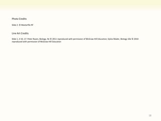 18
Photo Credits
Slide 2: © Masterfile RF
Line Art Credits
Slide 1, 2-10, 17: Peter Raven, Biology, 9e © 2011 reproduced with permission of McGraw-Hill Education; Sylvia Mader, Biology 10e © 2010
reproduced with permission of McGraw-Hill Education
 