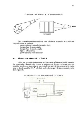 124
FIGURA 98 - DISTRIBUIDOR DE REFRIGERANTE
Para o correto selecionamento de uma válvula de expansão termostática é
necessário que se conheça:
- capacidade da instalação(carga térmica);
- temperatura de evaporação;
- temperatura de condensação;
- tipo de refrigerante;
- perda de carga no evaporador.
9.7 VÁLVULA DE EXPANSÃO ELÉTRICA
Utiliza um termistor para detectar a presença de refrigerante líquido na saída
do evaporador. Quando não ocorre a presença de líquido, a temperatura do
termistor se eleva, o que reduz a sua resistência, permitindo uma corrente maior
através da válvula, (fig. 99). A válvula é assim aberta, permitindo uma vazão maior
de refrigerante.
FIGURA 99 - VÁLVULA DE EXPANSÃO ELÉTRICA
 
