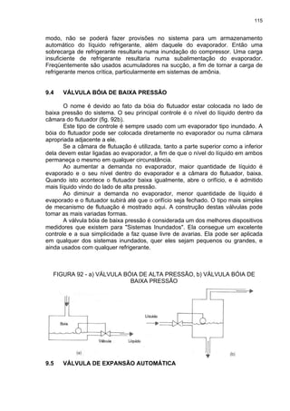 115
modo, não se poderá fazer provisões no sistema para um armazenamento
automático do líquido refrigerante, além daquele do evaporador. Então uma
sobrecarga de refrigerante resultaria numa inundação do compressor. Uma carga
insuficiente de refrigerante resultaria numa subalimentação do evaporador.
Freqüentemente são usados acumuladores na sucção, a fim de tornar a carga de
refrigerante menos crítica, particularmente em sistemas de amônia.
9.4 VÁLVULA BÓIA DE BAIXA PRESSÃO
O nome é devido ao fato da bóia do flutuador estar colocada no lado de
baixa pressão do sistema. O seu principal controle é o nível do líquido dentro da
câmara do flutuador (fig. 92b).
Este tipo de controle é sempre usado com um evaporador tipo inundado. A
bóia do flutuador pode ser colocada diretamente no evaporador ou numa câmara
apropriada adjacente a ele.
Se a câmara de flutuação é utilizada, tanto a parte superior como a inferior
dela devem estar ligadas ao evaporador, a fim de que o nível do líquido em ambos
permaneça o mesmo em qualquer circunstância.
Ao aumentar a demanda no evaporador, maior quantidade de líquido é
evaporado e o seu nível dentro do evaporador e a câmara do flutuador, baixa.
Quando isto acontece o flutuador baixa igualmente, abre o orifício, e é admitido
mais líquido vindo do lado de alta pressão.
Ao diminuir a demanda no evaporador, menor quantidade de líquido é
evaporado e o flutuador subirá até que o orifício seja fechado. O tipo mais simples
de mecanismo de flutuação é mostrado aqui. A construção destas válvulas pode
tomar as mais variadas formas.
A válvula bóia de baixa pressão é considerada um dos melhores dispositivos
medidores que existem para "Sistemas Inundados". Ela consegue um excelente
controle e a sua simplicidade a faz quase livre de avarias. Ela pode ser aplicada
em qualquer dos sistemas inundados, quer eles sejam pequenos ou grandes, e
ainda usados com qualquer refrigerante.
FIGURA 92 - a) VÁLVULA BÓIA DE ALTA PRESSÃO, b) VÁLVULA BÓIA DE
BAIXA PRESSÃO
9.5 VÁLVULA DE EXPANSÃO AUTOMÁTICA
 