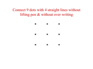 Connect 9 dots with 4 straight lines without lifting pen & without over writing 