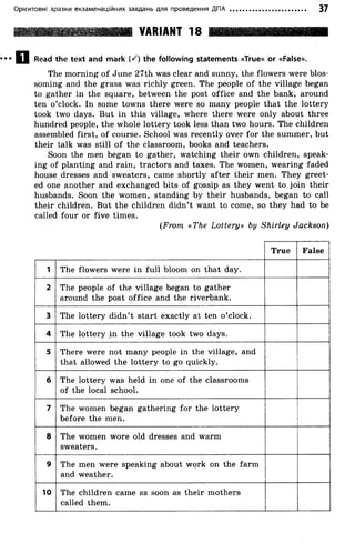Орієнтовні зразки екзаменаційних завдань для проведення ДПА 37
Q Read the text and mark (*0 the following statements «True» or «False».
The morning o f June 27th was clear and sunny, the flowers were blos­
soming and the grass was richly green. The people of the village began
to gather in the square, between the post office and the bank, around
ten o ’clock. In some towns there were so many people that the lottery
took two days. But in this village, where there were only about three
hundred people, the whole lottery took less than two hours. The children
assembled first, o f course. School was recently over for the summer, but
their talk was still o f the classroom, books and teachers.
Soon the men began to gather, watching their own children, speak­
ing of planting and rain, tractors and taxes. The women, wearing faded
house dresses and sweaters, came shortly after their men. They greet­
ed one another and exchanged bits of gossip as they went to join their
husbands. Soon the women, standing by their husbands, began to call
their children. But the children didn’t want to come, so they had to be
called four or five times.
(From «The Lottery» by Shirley Jackson)
True False
1 The flowers were in full bloom on that day.
2 The people of the village began to gather
around the post office and the riverbank.
3 The lottery didn’t start exactly at ten o ’clock.
4 The lottery in the village took two days.
5 There were not many people in the village, and
that allowed the lottery to go quickly.
6 The lottery was held in one of the classrooms
of the local school.
7 The women began gathering for the lottery
before the men.
8 The women wore old dresses and warm
sweaters.
9 The men were speaking about work on the farm
and weather.
10 The children came as soon as their mothers
called them.
 