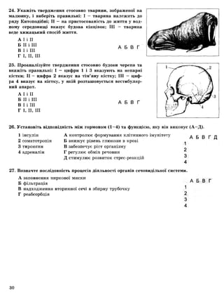 24. Укажіть твердження стосовно тварини, зображеної на
малюнку, і виберіть правильні: І — тварина належить до
ряду Китоподібні; II — на пристосованість до життя у вод­
ному середовищі вказує будова кінцівок; III — тварина
веде хижацький спосіб життя.
А І і II
Б II і III
В І і III
Г І, II, III
А Б В Г
25. Проаналізуйте твердження стосовно будови черепа та
вкажіть правильні: І — цифри 1 і 3 вказують на непарні
кістки; II — цифра 2 вказує на тім’яну кістку; III — циф­
ра 4 вказує на кістку, у якій розташовується вестибуляр­
ний апарат.
А І і II
Б II і III
В І і III
Г І, II, III
А Б В Г
26. Установіть відповідність між гормоном (1 -4 ) та функцією, яку він виконує (А —Д).
А Б В Г Д
1 інсулін
2 соматотропін
3 тироксин
4 адреналін
А контролює формування клітинного імунітету
Б знижує рівень глюкози в крові
В забезпечує ріст організму
Г регулює обмін речовин
Д стимулює розвиток стрес-реакцій
1
2
3
4
27. Визначте послідовність процесів діяльності органів сечовидільної системи.
А заповнення ниркової миски
Б фільтрація
В надходження вторинної сечі в збирну трубочку
Г реабсорбція
А Б В Г
1
2
3
4
І
ЗО
 