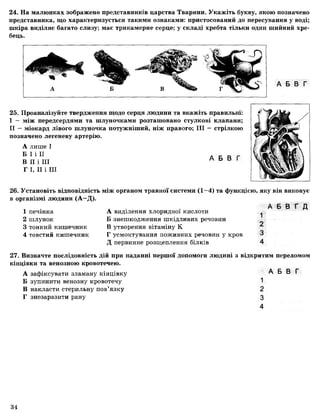 24. На малюнках зображено представників царства Тварини. Укажіть букву, якою позначено
представника, що характеризується такими ознаками: пристосований до пересування у воді;
шкіра виділяє багато слизу; має трикамерне серце; у складі хребта тільки один шийний хре­
бець.
А Б В Г
25. Проаналізуйте твердження щодо серця людини та вкажіть правильні:
I — між передсердями та шлуночками розташовано стулкові клапани;
II —міокард лівого шлуночка потужніший, ніж правого; III — стрілкою
позначено легеневу артерію.
А лише І
Б І і И Л _ _
В II і III А Б В Г
Г І, II і III
26. Установіть відповідність між органом травної системи (1 -4 ) та функцією, яку він виконує
в організмі людини (А —Д).
1 печінка
2 шлунок
3 тонкий кишечник
4 товстий кишечник
А виділення хлоридної кислоти
Б знешкодження шкідливих речовин
В утворення вітаміну К
Г усмоктування поживних речовин у кров
Д первинне розщеплення білків
А Б В Г Д
1
2
3
4
27. Визначте послідовність дій при наданні першої допомоги людині з відкритим переломом
кінцівки та венозною кровотечею.
А зафіксувати зламану кінцівку
Б зупинити венозну кровотечу
В накласти стерильну пов’язку
Г знезаразити рану
А Б В Г
1
2
3
4
34
 
