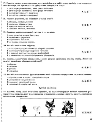 17. Укажіть умови, за яких виникає резус-конфлікт між майбутньою матір’ю та дитиною, яку
вона виношує, що призводить до руйнування еритроцитів плода.
А дитина резус-негативна, мати резуе-позитивна
Б дитина резус-позитивна, мати резус-негативна А Б 8 Г
В мати й дитина резус-позитивні
Г мати й дитина резус-негативні
18. Укажіть ферменти, що містяться у складі слини.
А амілаза, лізоцим, пепсин
Б мальтаза, ліпаза, муцин А Б В Г
В трипсин, пепсин, амілаза
Г лізоцим, амілаза, мальтаза
19. Ознакою залоз ендокринної системи є те, що вони
А прискорюють нервові імпульси.
Б виробляють ферменти. А Б В Г
В виробляють вітаміни.
Г не мають вивідних проток.
20. Укажіть особливість нефрону.
А капіляри підходять тільки до збирної трубочки
Б капсула утворена одношаровим епітелієм А Б В Г
В у капсулі відбувається процес реабсорбції
Г у звивистому канальці відбувається фільтрація
21. Людина запам’ятала захоплення, з яким уперше куштувала смачну страву. Який тип
пам’яті закарбував обставини цієї події?
22. Укажіть частину мозку, функціонування якої забезпечує формування свідомості людини.
А кора великих півкуль і підкіркові центри
Б довгастий і середній мозок А Б В Г
В мозочок і проміжний мозок
Г довгастий і проміжний мозок
23. Укажіть букву, якою позначено організм, що характеризується такими ознаками: роз­
множується спорами, воду з розчиненими речовинами всмоктує з ґрунту, живиться готовими
органічними речовинами.
А образна
Б змістова
В рухова
Г емоційна
А Б В Г
Третя частина
* А Б В Г
А Б В Г
41
 