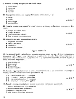 9. Укажіть тканину, яка утворює альвеоли легень.
А епітеліальна
Б сполучна А В В Г
В м язова
Г нервова
10. Ендокринна залоза, яка керує роботою всіх інших залоз, - це
А гіпофіз.
Б епіфіз. А Б В Г
В надниркова.
Г щитоподібна.
11. Укажіть частину центральної нервової системи, до складу якої входить ретикулярна фор­
мація.
А півкулі кінцевого мозку
Б півкулі мозочка А Б В Г
В стовбур головного мозку
Г біла речовина спинного мозку
12. Упродовж життя в людини формуються
А безумовні рефлекси.
Б умовні рефлекси. А Б В Г
В інстинкти.
Г типи темпераменту.
Друга частина
13. На екскурсії в лісі учні побачили рослину, яка має великі листки з бурими горбиками на
нижньому боці. У ґрунті вона утримується за допомогою коренів. Подальші дослідження за
допомогою мікроскопа показали, що горбики — це скупчення спорангіїв. Укажіть відділ, до
якого належить ця рослина.
А Покритонасінні
Б Голонасінні д К к Г
В Мохоподібні
Г Папоротеподібні
14. Укажіть структурні елементи рослини, якими здійснюється рух органічних речовин (1) та
води з розчиненими неорганічними речовинами (2).
А 1 - ситоподібні трубки, 2 - судини
Б 1 - судини, 2 - клітини паренхіми
В 1 - ситоподібні трубки, 2 - продихи
Г 1 - судини, 2 - ситоподібні трубки
А Б В Г
15. Укажіть ознаку, яка відрізняє павука-хрестовика від бджоли медоносної.
А чотири пари грудних ходильних ніг
Б кровоносна система незамкнена А Б В Г
В наявність пари вусиків
Г тіло вкрито хітиновим покривом
12
 