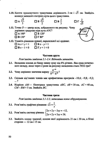 1.10. Катети прямокутного трикутника дорівнюють 2 см і ^5 см. Знайдіть
косинус меншого гострого кута цього трикутника.
п л £ ° в |
1.11. Точка О— центр кола, зображеного на рисунку. Чому
дорівнює градусна міра кутаАОСІ
□ А 100° □ Б 120°
□ В 130° □ Г 80°
А
1.12. Укажіть рівняння прямої, паралельної осі ордкнат. ^ ----'
□ А х+^=1 О Б х - д »=1
□ В х - 1= 0 □ Г>»+ 1=0
Частина друга
Розв'яжіть завдання 2.1-2.4. Відповідь запишіть.
2.1. Вкладник поклав до банку певну суму під 8% річних. Яка сума початко­
вого вкладу, якщо через 2 роки на рахунку вкладника стало 5832 грн?
23. Скільки від’ємних членів має арифметична прогресія -10,4; -9,8; -9,2;
2.4. Відрізок АМ— бісектриса трикутника АВС, АВ = 30 см, АС = 40 см,
СМ- ВМ - 5 см. Знайдіть ВС.
Частина третя
Розв'яжіть завдання 3.1-3.3, записавши повне обгрунтування.
3.3. Знайдіть площу трапеції, основи якої дорівнюють 21 см і 30 см, а бічні
сторони — 12 см і 15 см.
... ?
3.1. Розв’яжіть графічно рівняння л/х = —.
2х+2у
3.2. Розв’яжіть систему рівнянь -і
2х+2у-Ъху = - 12,
2х+2у+3ху = 36.
 