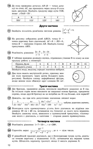 (іО) До кола проведено дотичну АВ (В — точка доти­
ку) та січну АС, що проходить через центр О кола
(див. рисунок). Знайдіть градусну міру кута СОВ,
якщо ZOAB = 35°.
А ! Б В Г
105° | 115° 125° 145°
і і н п ш ш і ш н ш ш п т п ш ш п ш і ш п ш ш ш ш
Друга частина
® _у-2 2 _ >
Знайдіть кількість розв’язків системи рівнянь < у ’
[ху = 1.
(і2) На рисунку зображено ромб АВСБ, точка О —
точка перетину його діагоналей АС = В і ВХ>= 6 ,
точка К — середина сторони АВ. Знайдіть площу
трикутника АКО.
(із) Розв’яжіть рівняння
2 х -9 Зх-14
В
У таблиці наведено розподіл оцінок, отриманих учнями 9-го класу за кон­
трольну роботу з геометрії:
Оцінка, бали 5 6 7 8 9 10 11
Кількість учнів 1 2 3 6 3 2 1
Знайдіть моду, медіану, середнє значення вибірки.
Два кола мають внутрішній дотик, причому мен­
ше коло проходить через центр більшого (див.
рисунок). Знайдіть площу зафарбованої фігури,
якщо менше коло обмежує круг площею 64 см2.
Ш І Ш П Ш М І І Ш Ш Ш М М Ш Н Ш Ш І І І Ш Н Ш Ш Ш Ш
Третя частина
(16) Дві бригади, працюючи разом, виконали виробниче завдання за 6 год.
За скільки годин може виконати це завдання кожна бригада, працюючи
окремо, якщо другій бригаді на це потрібно на 16 год більше, ніж першій?
(17) Доведіть, що при всіх допустимих значеннях змінної вираз
4х л 16х5+ 25х3
25-16х" 16х -4 0 х + 25
набуває додатних значень.
64х2 -100 4х 0~5.т‘1
(їв) Бісектриса кута прямокутника ділить його діагональ на відрізки зав­
довжки ЗО см і 40 см, починаючи від ближчої до цього кута вершини.
Знайдіть довжину кола, вписаного в прямокутний трикутник, гіпотену­
зою якого є діагональ, а катетами — сторони даного прямокутника.
ншммшшіпншппмннмммнпіммшми Четверта частина
П9) Розв’яжіть рівняння 1+ 7+13 + ... + х = 280.
0) Спростіть вираз
10п-2
2гс-3 5*-1 + 2«-2 5я-2 де п
І І Ш І І Ш Ш І Н Ш М І Ш Ш М Ш І І І Щ Ш М І Ш Ш И М
ціле число.
(2і) У рівнобічній трапеції діагоналі, що є бісектрисами тупих кутів, ділять­
ся точкою перетину у відношенні 3 :1 3 , починаючи від вершин тупих
кутів. Обчисліть периметр трапеції, якщо її висота дорівнює 8.
12
 