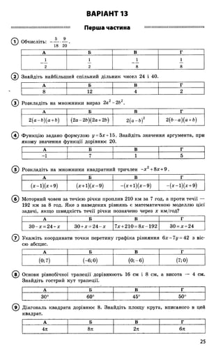 ВАРІАНТ 13
Перша частина ІШ М П Н ІШ Ш ІМ Ш М ІїиШ Н Ш ІІІМ Ш ІШ М ІІШ М І
( ї ) Обчисліть: А А
18 20
А Б В Г
1 1 1 1
2 2 8 8
(5 ) Знайдіть найбільший спільний дільник чисел 24 і 40.
А Б в Г
8 12 4 2
(Т) Розкладіть на множники вираз 2а2- 2Ъ
А Б в Г
2(а-Ь)(а + Ь) (2а-2Ь)(2а + 2Ь) 2(а-Ь)2 2(Ь -а)(а + і>)
( 4) Функцію задано формулою у = 5х + 15. Знайдіть значення аргумента, при
якому значення функції дорівнює 20.
А Б В г
-1 7 1 5
(5 ) Розкладіть на множники квадратний тричлен - х 2+ 8х + 9 .
А Б В Г
(х -і)(х + 9) (х + і)(х -9 ) - ( х + і )(л:-9 ) - ( л; - і )(х + 9)
(б ) Моторний човен за течією річки проплив 210 км за 7 год, а проти течії —
192 км за 8 год. Яке з наведених рівнянь є математичною моделлю цієї
задачі, якщо швидкість течії річки позначено через х км/год?
А Б В Г
3 0 -х = 24 + х 30 + х = 2 4 -х 7х + 210 = 8х-192 30 = х + 24
(7 ) Укажіть координати точки перетину графіка рівняння 6х-7г/ = 42 з віс­
сю абсцис.
А Б В Г
(0;7) (-6; 0) (0 ;-б ) (7;0)
( ї ) Основи рівнобічної трапеції дорівнюють 16 см і 8 см, а висота —•4 см.
Знайдіть гострий кут трапеції.
А Б В Г
30° 60° 45° 50°
( 9) Діагональ квадрата дорівнює 8. Знайдіть площу круга, вписаного в цей
квадрат.
А Б В Г
4я 8я 2п 6п
25
 