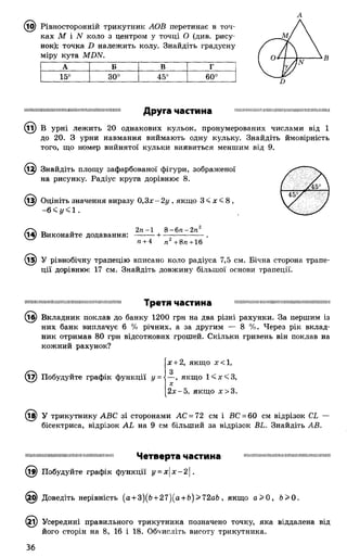 А
(15) Рівносторонній трикутник АОВ перетинає в точ­
ках М і N коло з центром у точці О (див. рису­
нок); точка £> належить колу. Знайдіть градусну
міру кута МІЖ.
А В В г
15°
СО
оо
сд
о
о
О
СО
В
ІШ ІШ М ІІІШ Ш Н Ш Ш ІМ ІІІШ М ІШ Ш ІІІШ ІШ ІШ І Друга частина Ш Ш Ш Н ІІШ Ш Ш Ш Ш Ш Ш Ш Ш Ш Ш Ш ІШ Н Ш М
(її) В урні лежить 20 однакових кульок, пронумерованих числами від 1
до 20. З урни навмання виймають одну кульку. Знайдіть ймовірність
того, що номер вийнятої кульки виявиться меншим від 9.
(§ ) Знайдіть площу зафарбованої фігури, зображеної
на рисунку. Радіус круга дорівнює 8.
(13) Оцініть значення виразу 0,3х - 2 у , якщо 3 < х < 8 ,
-6 <у<1.
/О і « 2/і-1 8-6гс- 2 п 2
(14) Виконайте додавання: ---------+
п+4 я2+8п+16
(і!^) У рівнобічну трапецію вписано коло радіуса 7,5 см. Бічна сторона трапе­
ції дорівнює 17 см. Знайдіть довжину більшої основи трапеції.
ІШІШІШШІІІІІШІІШМІШІІМІ1ШШШМІШІІШ Т р е Т Я ЧаСТИНа шшшішшншішішшішшшшшшшшш
(і£) Вкладник поклав до банку 1200 грн на два різні рахунки. За першим із
них банк виплачує 6 % річних, а за другим — 8 %. Через рік вклад­
ник отримав 80 грн відсоткових грошей. Скільки гривень він поклав на
кожний рахунок?
(17) Побудуйте графік функції у =
х + 2, якщо х<,
2
—, якщо 1 < х < 3 ,
х
2 х-5, якщо х> 3.
(і^) У трикутнику АВС зі сторонами АС = 72 см і ВС = 60 см відрізок СЬ —
бісектриса, відрізок АЬ на 9 см більший за відрізок ВЬ. Знайдіть АВ.
ішміїїііімніїїішшмміїшшшіїшшіїїш Ч е т в е р т а ЧЗСТИНв іішшішшшшіншшіішііішшмпшші
(§ ) Побудуйте графік функції у = хх-2.
Доведіть нерівність (а + 3)(б + 27)(а + &) >72аЬ, якщо а > 0 , Ь> 0.
(2і) Усередині правильного трикутника позначено точку, яка віддалена від
його сторін на 8, 16 і 18. Обчисліть висоту трикутника.
36
 