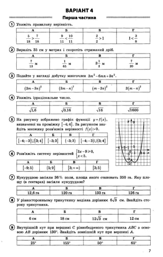ВАРІАНТ 4
,,,МИИ",,І,ИІІІПИИІІІМИИМИИМИИІІИМНИИ Перша ЧаСТИНа шмшштнтшшишшшшшшшитиии
(? ) Укажіть правильну нерівність.
А Б В Г
5 7 9 10 2 . , 3
— > — — < — —>1 1< —
18 18 11 11 2 8
(з ) Виразіть 35 см у метрах і скоротіть отриманий дріб.
А Б В Г
7 1 „1 7
— м — м 3— м — м
13 65 2 20
(3 ) Подайте у вигляді добутку многочлен Зт2-6тп + 3п2.
А Б В Г
(Зт -3га)2 (3 /п -п )2 ( т -Зга)2 З(тгс-ге)2
( І ) Укажіть ірраціональне число.
А Б В г
7^6 л/0Д6 7Ї6 л/ібоо
(Т) На рисунку зображено графік функції у = f( x ),
визначеної на проміжку [-4; 4]. За рисунком зна­
йдіть множину розв’язків нерівності /(;с)> 0.
А Б В г
[-4; -3]и[3; 4] [-3;3] (-3; з) [—4; —3)и (З; 4]
(б ) Розв’яжіть систему нерівностей
А Б В Г
[-9; 5) (5; 9] [3; + °°) [з; 5)
З х -9 > 0 ,
х<5.
( 7) Кукурудзою засіяли 36% поля, площа якого становить 350 га. Яку пло­
щу (в гектарах) засіяли кукурудзою?
А Б В Г
12,6 га 120 га 133 га 126 га
(в ) У рівносторонньому трикутнику медіана дорівнює 6ч/з см. Знайдіть сто
рону трикутника.
А Б В Г
6 см 18 см 12>/з^ см 12 см
( 9) Внутрішній кут при вершині С рівнобедреного трикутника АВС з осно
вою АВ дорівнює 130°. Знайдіть зовнішній кут при вершині А.
А Б В г
25° 155°
О
О
Ю
65°
7
 