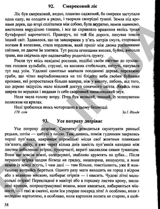 92. Смерековий ліс
Ліс був смерековий, видно, планово саджений, бо смереки заступали
одна одну, як солдати в рядах, і творили своєрідні тунелі. Земля під кро­
нами дерев, що вгорі спліталися між собою, була акуратно, немов навмисно,
вистелена вируділою глицею, і все це справляло враження якоїсь трохи
бутафорної нарочитості. Праворуч, по той бік дороги, панував зовсім
інший світ. Здавалося, що ця завширшки у п’ять метрів смуга, сторована
ногами й колесами, стала кордоном, який проліг між двома рослинними
світами, не даючи їм злитися. Тут росла огнищами висока, буйна, висохла
трава, яка свідчила про надзвичайну родючість ґрунту.
Росли тут якісь невідомі рослини, подібні своїм квіттям до пухнас­
тих головок кульбаби, стрункі, на високих стебельцях, квітучі, панували
тут над усім. Удалині самотньо маячили поодинокі дерева, переважно
граби, що чітко вирізьблювалися на тлі блідого неба_своїми буйними
кронами, які розросталися більше вширш, ніж-у висоту, либонь, від того,
що дерево звідусіль мало вільний доступ сонячного світла. Якийсь птах
ширяв по вершках і видавав із себе сварливий напасницький звук.
Неля звела голову вгору. Птах був великий, темний, із зеленуватим
полиском на крилах.
Нелі зробилося якось моторошно в цьому безлюдді.
178 слів ЗаІ.Вільде
93. Усе потроху дозріває
Усе потроху дозріває. Спочатку доводиться скуштувати ранньої
редьки, потім — цибулі з олією. Там, дивись, поміж гудинням закрались
перші пуп’янки, накривши сороміцькі місця свої жовтими плямками
зів’ялого цвіту, а вже через кілька днів замість пуп’янків находиш між
листям дебеленькі огірки, пухирчасті, вкриті закляклим сивим туманцем.
Вони ще зовсім ніжні, солодкуваті, звабливо хрумтять на зубах... Після
першого огірка щодня бігаєш на грядку, нишпориш, вишукуєш, а вони
немов із землі лізуть, і чим далі — тим більше, товстішають, уже й жов­
тизною котрийсь береться. Одного разу мати виходить на город з відром
або з великою мискою, назбирає огірків — і квасить. Чудові літні мало­
сольні огірки! Перекладені в макітрі або в горщику листям хрону, закла­
дені кропом, попроштрикувані ножем, вони квасяться, набираються міц­
ності, — і такі ж смачні, коли їси уперше посеред літа! А особливо, коли з
молодою картоплею, а особливо, коли картопля полита не старою, а щой-
58
D
PA
.IN
.U
A
 