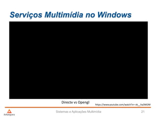 Serviços Multimídia no Windows
Sistemas e Aplicações Multimídia 21
Directx vs Opengl
https://www.youtube.com/watch?v=-vk__hyOM2M
 