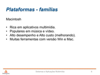 Plataformas - famílias
Sistemas e Aplicações Multimídia 6
Macintosh
• Rica em aplicativos multimídia.
• Populares em música e vídeo.
• Alto desempenho e Alto custo (melhorando).
• Muitas ferramentas com versão Win e Mac.
 