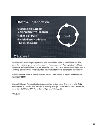 Resilience and rebuilding all depend on effective collaboration.  It is collaboration that 
forms the relationships between interests in a human system.1 As we probably all have 
experience within collaborations, we recognize that “trust” is an absolutely vital currency in 
a working collaboration.  Trust is built on observable behaviors, actions and experience.2
So how can we build trust before an event occurs?  The answer is regular and repetitive 
training or “PLAY.”
1 Connie P. Ozawa, Planning Resilient Communities: Insights from Experiences with Risky 
Technologies, in Collaborative Resilience: Moving Through Crisis to Opportunity, edited by 
Bruce Evan Goldstein, (MIT Press: Cambridge, MA, 2012), p. 22
2Ibid, p. 23 
10
 
