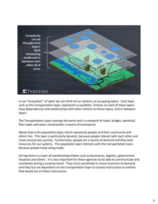 In our “ecosystem” of cyber we can think of our systems as occupying layers.  Each layer, 
such as the transportation layer, represents a capability.  Entities on each of these layers 
have dependencies and relationships with other entities on these layers, and in‐between 
layers.
The Transportation Layer overlays the earth and is a network of roads, bridges, electrical, 
fiber‐optic and water and provides a means of conveyance.  
Above that is the population layer, which represents people and their community and 
ethnic ties.  This layer is particularly dynamic, because people interact with each other and 
move around very quickly.  Furthermore, people are a source of demand and they load 
resources for our systems.  The population layer interacts with the transportation layer, 
because people move along roads. 
On top there is a layer of coordinating entities such as businesses, logistics, government, 
hospitals and others.  It is very important for these agencies to be able to communicate and 
coordinate during a surprise event.  They must coordinate to move resources to demand 
and they too are dependent on the transportation layer to convey instructions to entities 
that would act on those instructions.
7
 