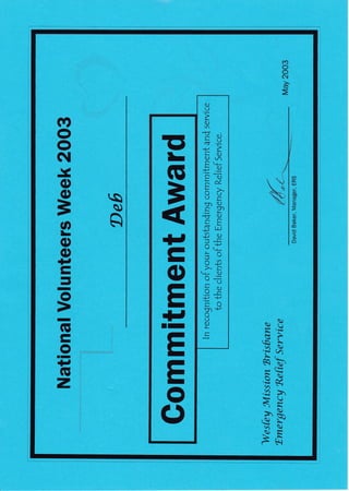 National Volunteers Week Commitment Award May 2003