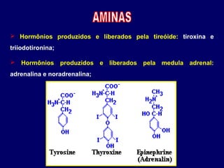  Hormônios produzidos e liberados pela tireóide: tiroxina e
triiodotironina;
 Hormônios produzidos e liberados pela medula adrenal:
adrenalina e noradrenalina;

 