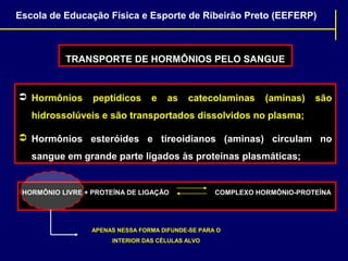 Escola de Educação Física e Esporte de Ribeirão Preto (EEFERP)

TRANSPORTE DE HORMÔNIOS PELO SANGUE

 Hormônios

peptídicos

e

as

catecolaminas

(aminas)

são

hidrossolúveis e são transportados dissolvidos no plasma;
 Hormônios esteróides e tireoidianos (aminas) circulam no
sangue em grande parte ligados às proteínas plasmáticas;

HORMÔNIO LIVRE + PROTEÍNA DE LIGAÇÃO

COMPLEXO HORMÔNIO-PROTEÍNA

APENAS NESSA FORMA DIFUNDE-SE PARA O
INTERIOR DAS CÉLULAS ALVO

 
