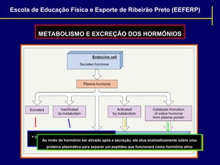 Escola de Educação Física e Esporte de Ribeirão Preto (EEFERP)

METABOLISMO E EXCREÇÃO DOS HORMÔNIOS

Rins + Fígado as catecolaminas e hormônios
+ comum para
Ao invés do hormônio ser ativado após a secreção, ele atua enzimaticamente sobre uma
O hormônio secretado pode ser relativa ou completamente incapaz de agir sobre uma
peptídicos (máximo 1 hora no plasma)
proteína plasmática para separar um o transforme em uma substância que possa atuar
célula-alvo até que o metabolismo peptídeo que funcionará como hormônio ativo

 